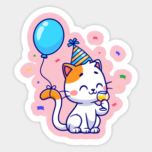 Cute Cat Birthday Party With Balloon Cartoon Sticker